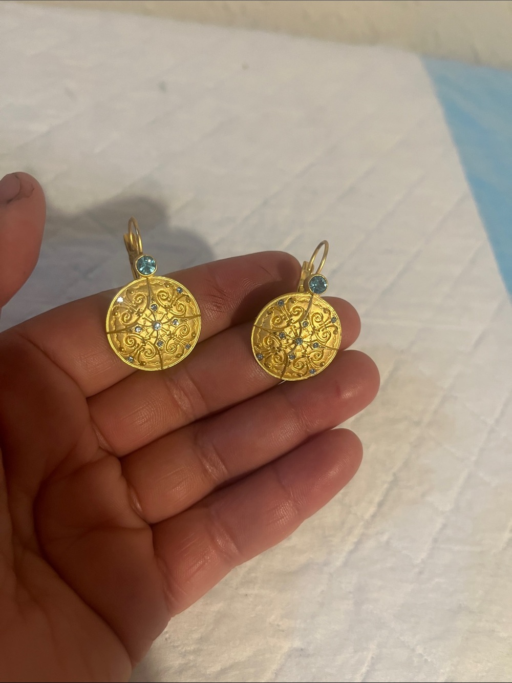 Gold Filigree Disc Drop Earrings with Light Blue Crystal Accent